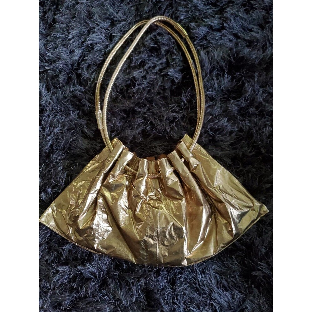 Gold Paperbag Style Shoulder Bag Purse Double Strap Snap Closure Cloth Lining